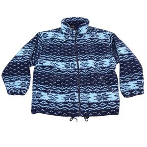 VTG OLLAA Fleece Jacket Men Large Blue Fair Isle Birds Eye Mock Neck HEAVYWEIGHT